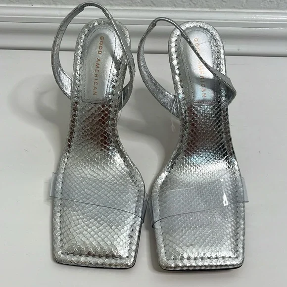 Good American Snake Lucite Silver Heels Size 9 - Picture 5 of 8